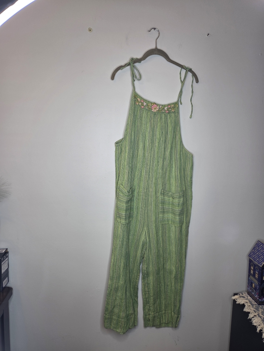 April Cornell Green Tie-Shoulder Embroidered Jumpsuit, Size M